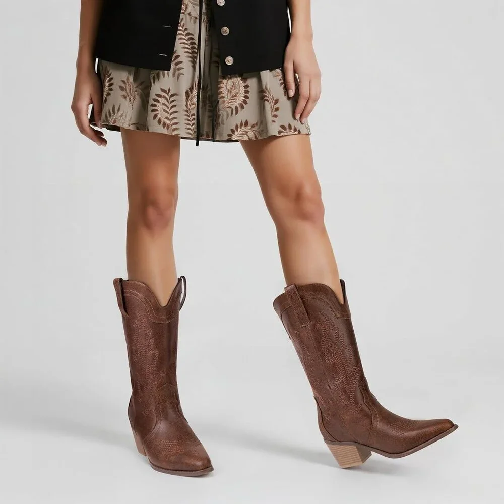 Women's Vintage Brown Pointed Toe Western Boots Embroidered Mid-calf Block Heel - Picture 2 of 7